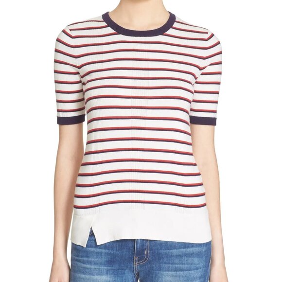 Equipment Brienne Stripe Knit Tee Sweater Top Red White Split Hem Ringer XS - Picture 1 of 15
